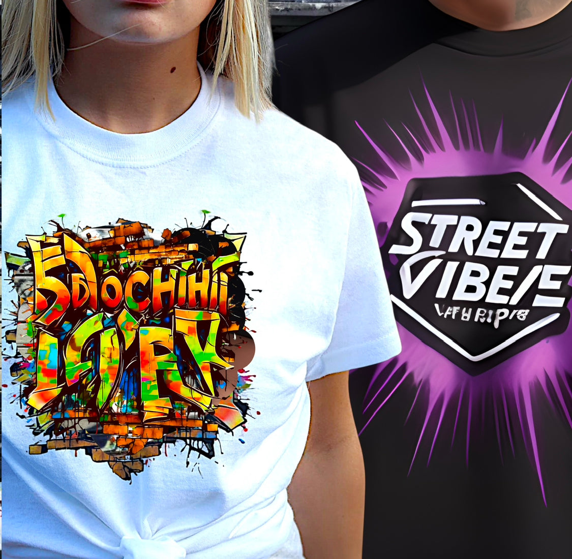 Wit shirt met graffiti en een zwart shirt met de tekst street vibes, in paars en wit.